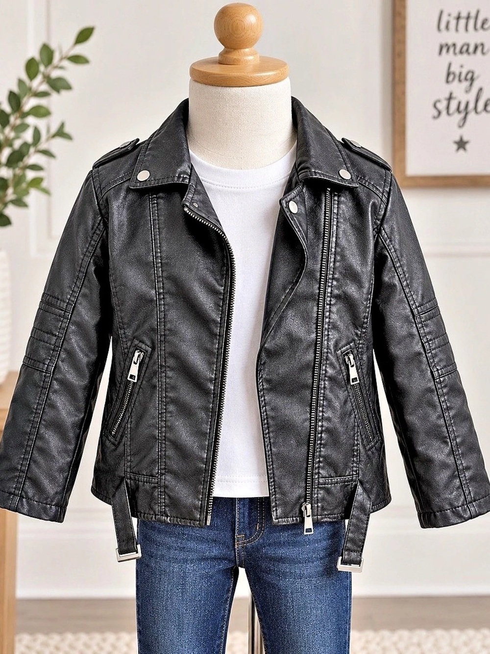 LYT1 Boys 13-14 Years Black Faux Leather Moto Jacket Like New